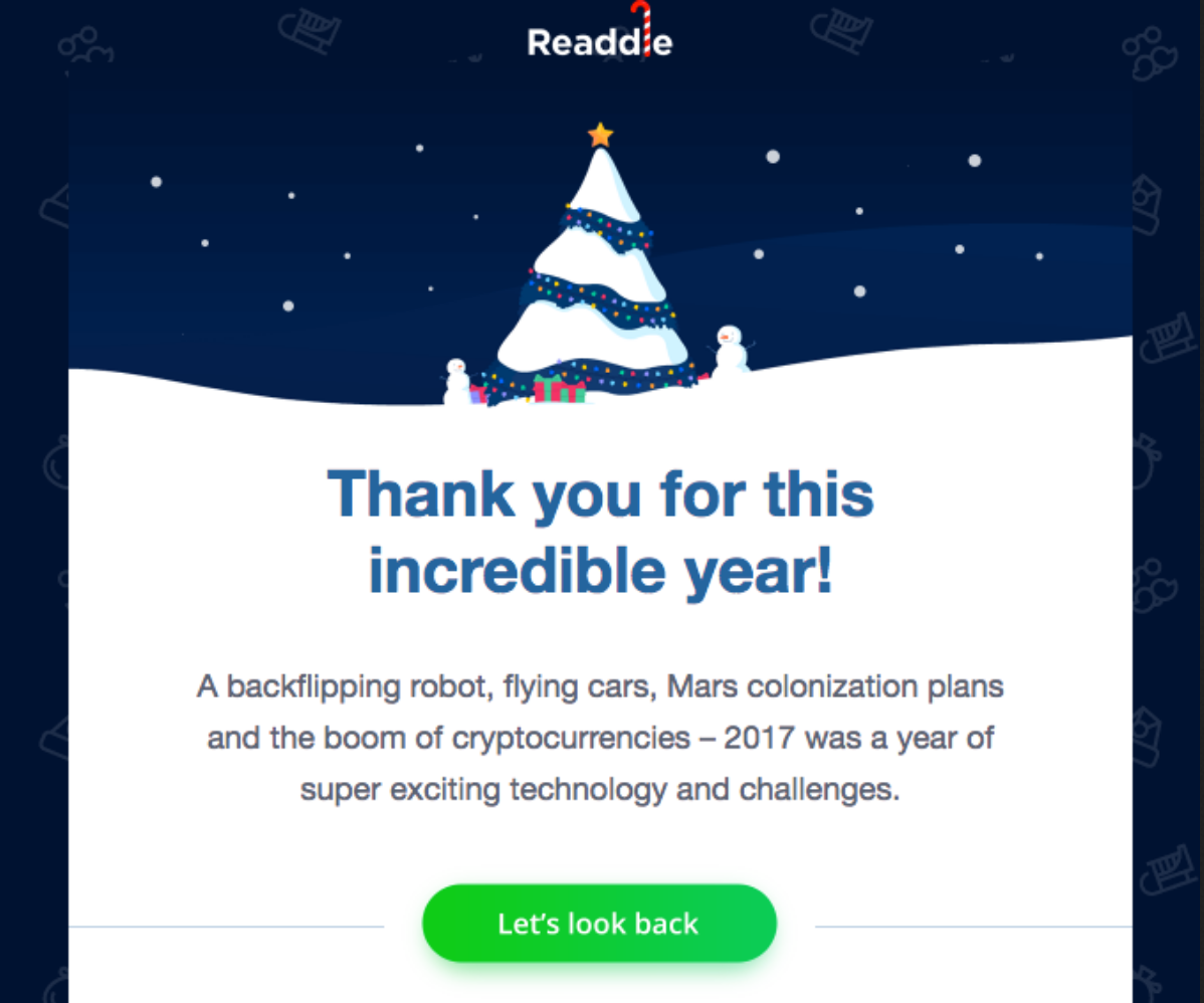 A holiday email highlighting the year's achievements, adorned with a Christmas tree, showcasing inspiring Christmas messages.